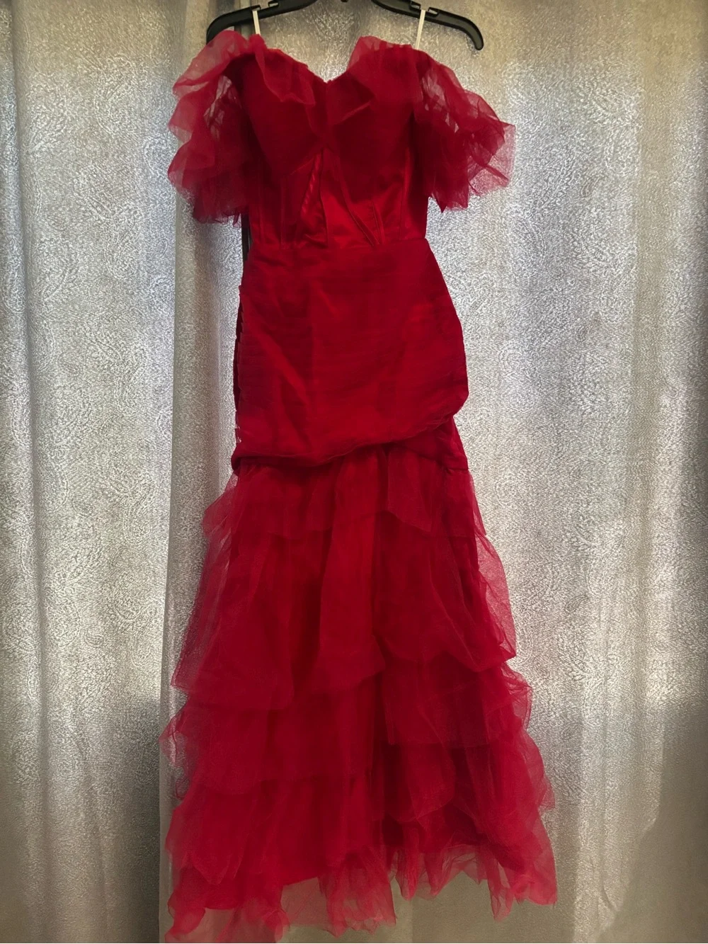 Red Tulle Ruffle Off-Shoulder Gown - Picture 1 of 6